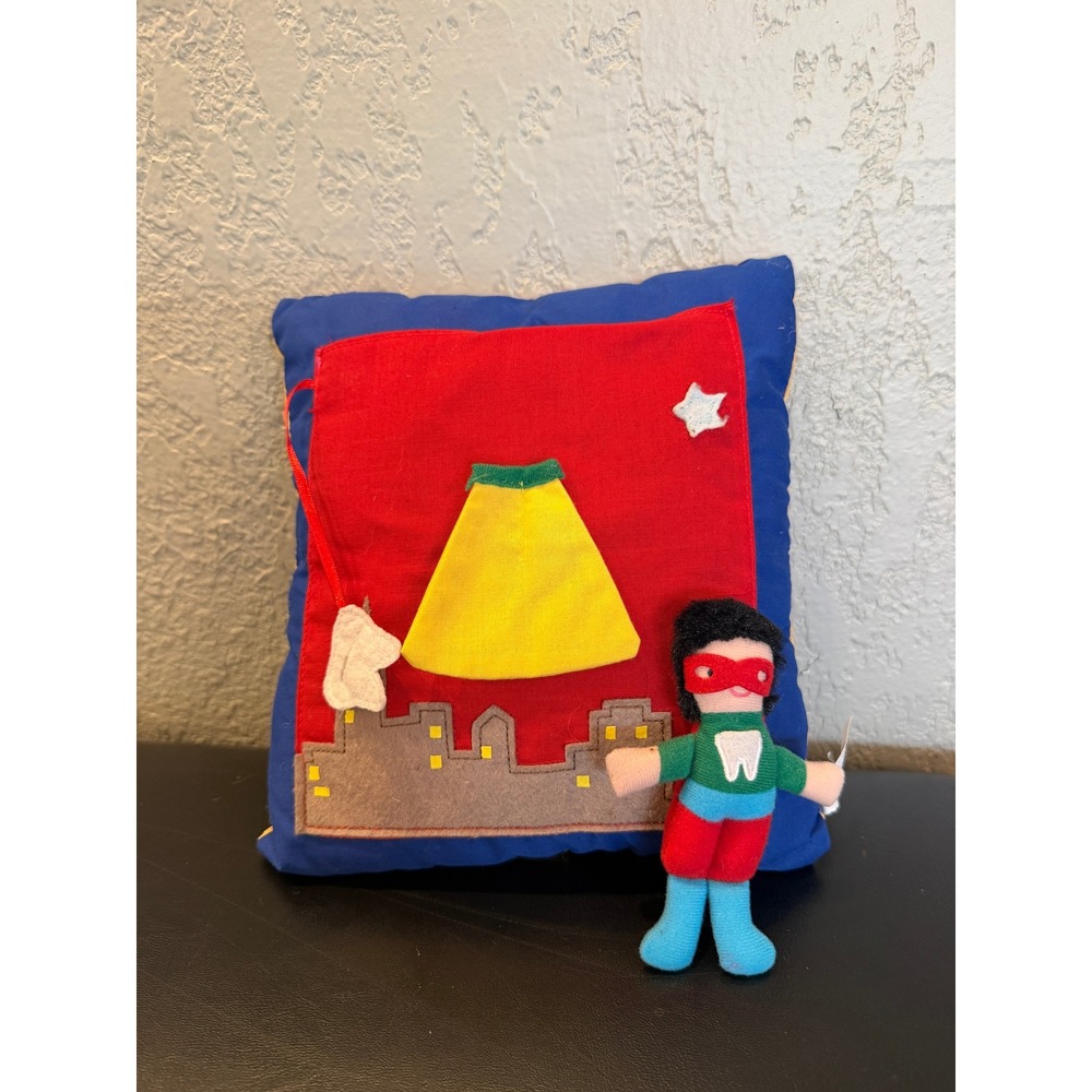 Superhero Tooth Fairy Pillow with Removable Doll and Pocket Blue Red Yellow